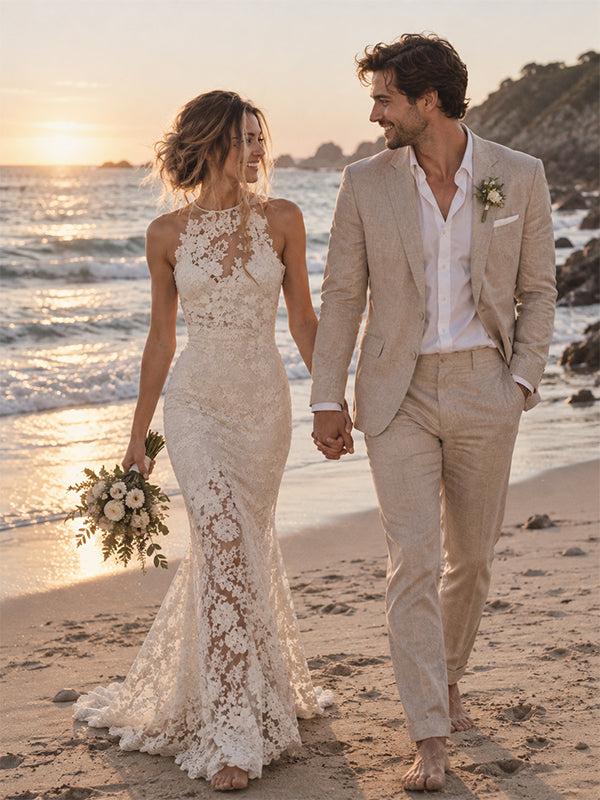 Elegant Halter Lace Mermaid Wedding Dress, WD0024