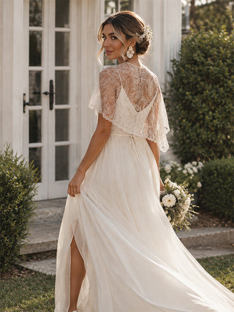 Vinatge Boho Lace Capelet A-line Chiffon Wedding Dress, AB1572