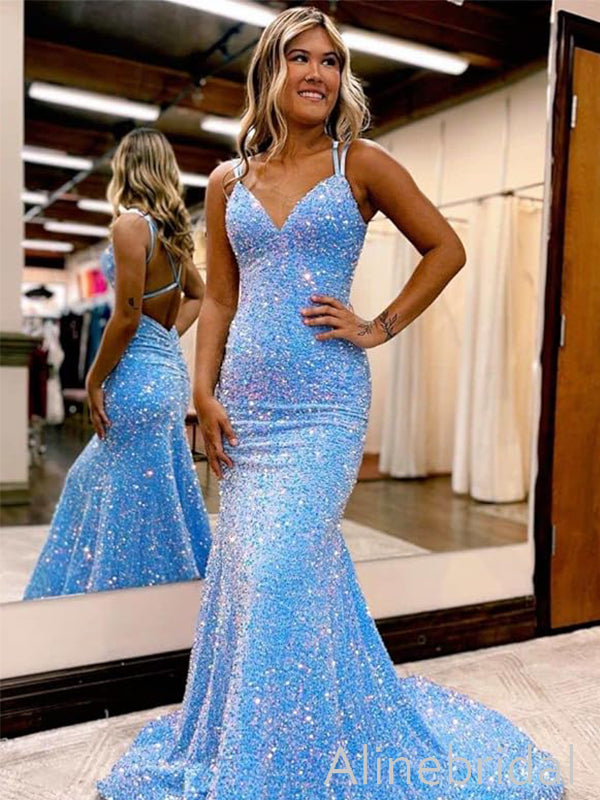 Sparkly Blue Sequins Backless Maxi Mermiad Prom Gown, Evening Gown, PD3822985