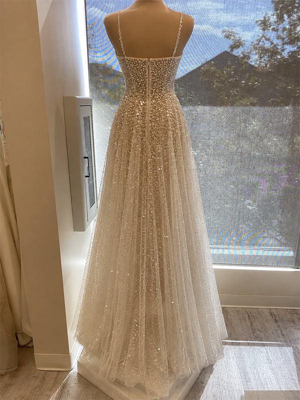 Sparkly White Beadings V-neck  A-line Tulle Prom Dress, Evening Gowns, PD38132