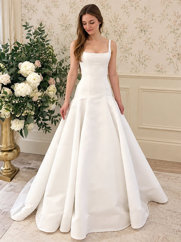 Elegant Ivory Square Neck Satin A-line Wedding Dress, PD38048