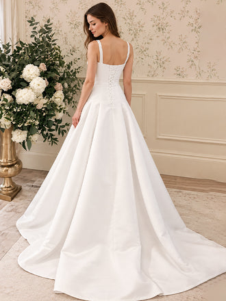 Elegant Ivory Square Neck Satin A-line Wedding Dress, PD38048