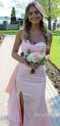 Elegant Side Slit  Strapless Asymmetrical Ruffle Light Pink Long Mermaid Prom Dress,Formal Dress, PD382271