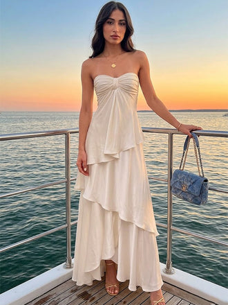 Elegant Soft White Strapless A-line Tiered Prom Dress, Evening Dress, PD2823094