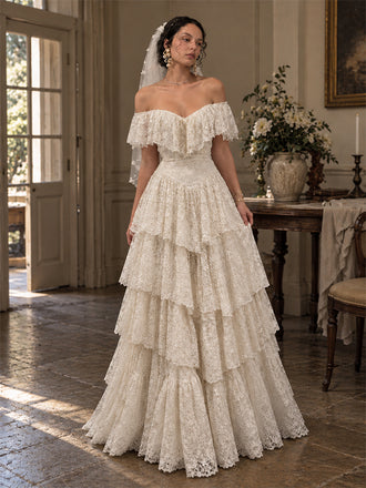 Vintage Ivory Off Shoulder A-line Ruffled Tiered Wedding Dress, WD32237