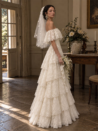 Vintage Ivory Off Shoulder A-line Ruffled Tiered Wedding Dress, WD32237