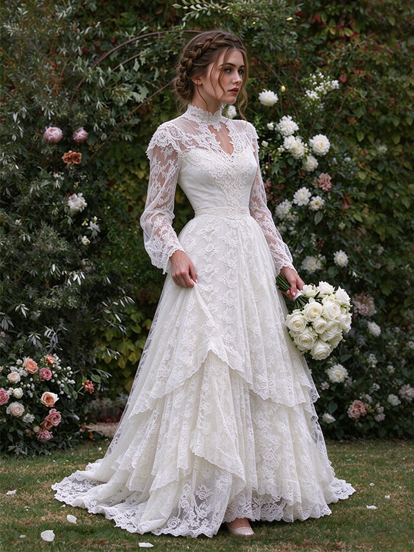 Vintage High Neck Long Sleeve A-line Lace Wedding Dress, WD32243