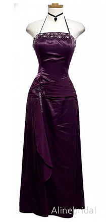 Vintage Purple Floral Halter A-line Long Prom Dress, Beaded Evening Dress, PD3822998