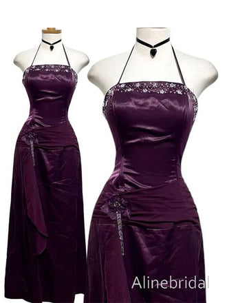 Vintage Purple Floral Halter A-line Long Prom Dress, Beaded Evening Dress, PD3822998