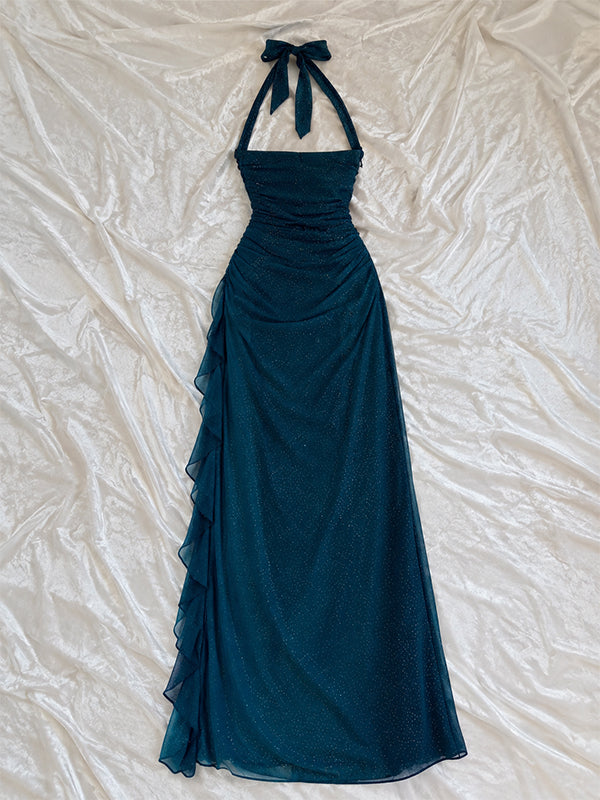 Vintage Blue Halter Ruffles Tulle Prom Dress, Evening Dress, PD28231257