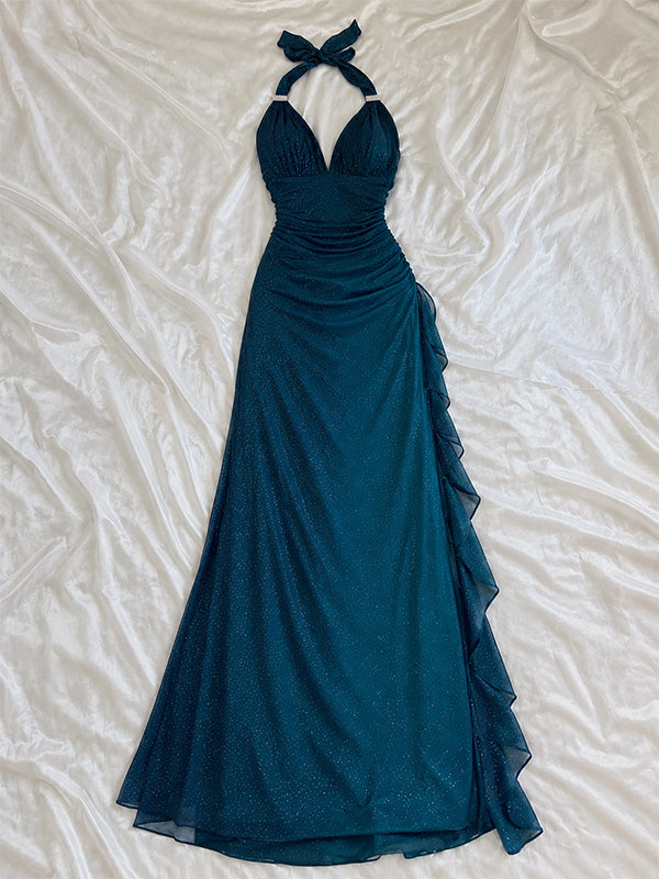Vintage Blue Halter Ruffles Tulle Prom Dress, Evening Dress, PD28231257