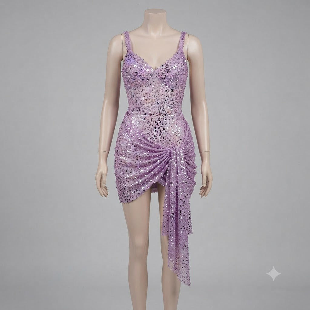 Sparkly Purple Sequins Pleaded Short Homecoming Dress, HC382298