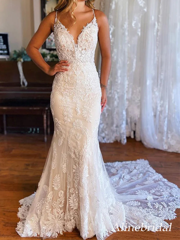 Gorgeous V-neck Lace Mermaid Wedding Dress with Train, WD3118