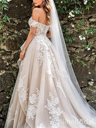 Gorgeous Off the Shoulder Floral Lace A-line Tulle Wedding Dress, WD3065