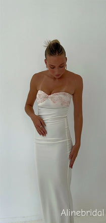 Elegant Strapless Bustier Ivory Soft Satin Column Prom Dress with Bow Detailing, Party Dress, PD382282