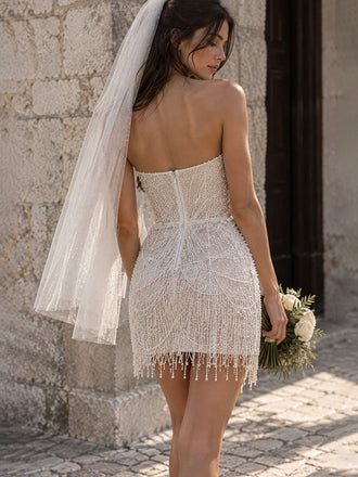 Sparkly Pearl Beaded Fringe Bridal Mini Dress, HC382314