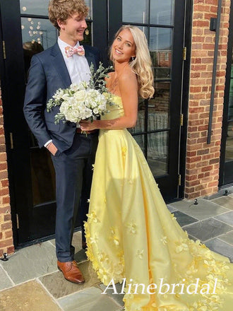Stunning Yellow Floral Appliques Strapless A-line Satin Prom Dress, Evening Dress, PD3823023