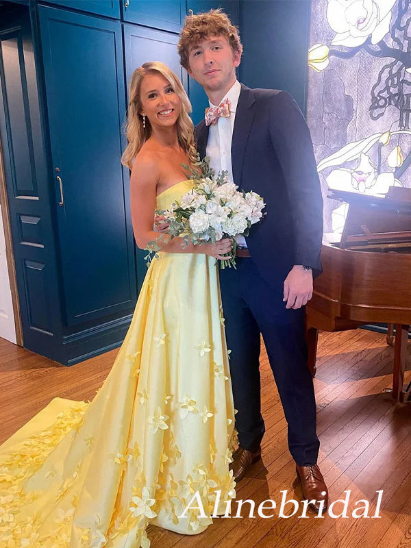 Stunning Yellow Floral Appliques Strapless A-line Satin Prom Dress, Evening Dress, PD3823023