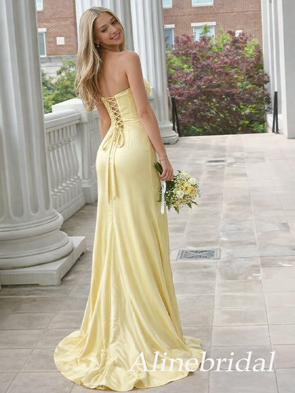Elegant Yellow Strapless Ruffles Long Prom Dress with Slit, Corset Evening Dresses, PD382266