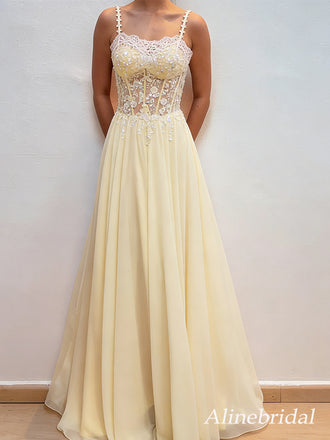 Elegant Yellow Chiffon A-line Prom Dress with Lace Applques, Evening Dress, PD3823044