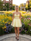 Elegant Yellow Chiffon Strapless A-line Tiered Tulle Homecoming Dress, HC382293