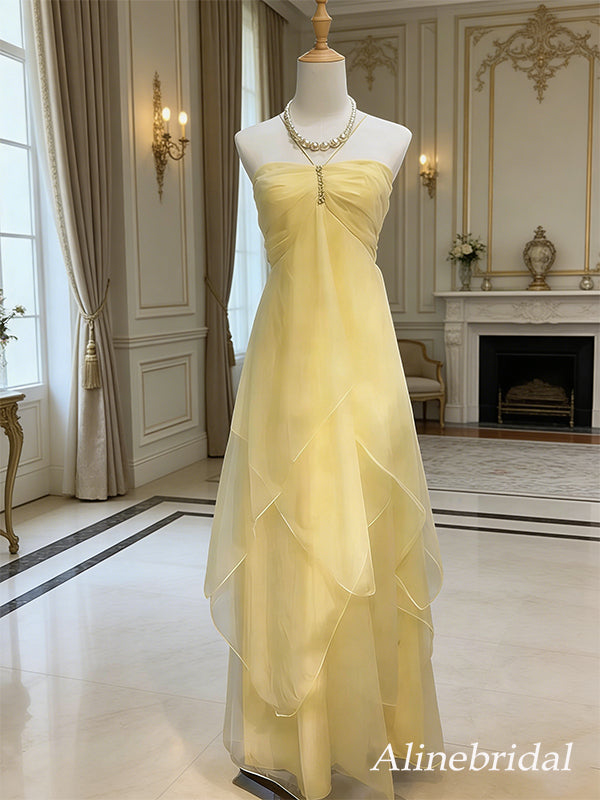 Elegant Yellow Halter A-line Long Prom Dress - Sample Sale
