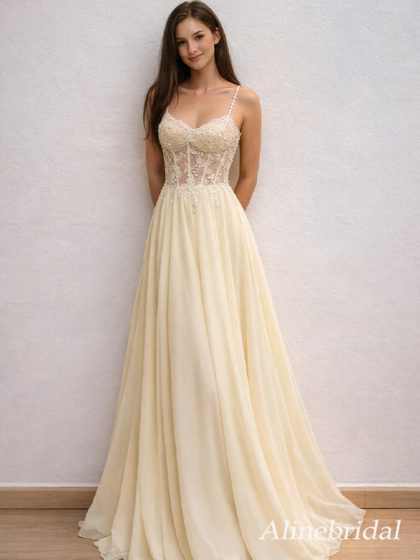 Elegant Yellow Chiffon A-line Prom Dress with Lace Applques, Evening Dress, PD3823044