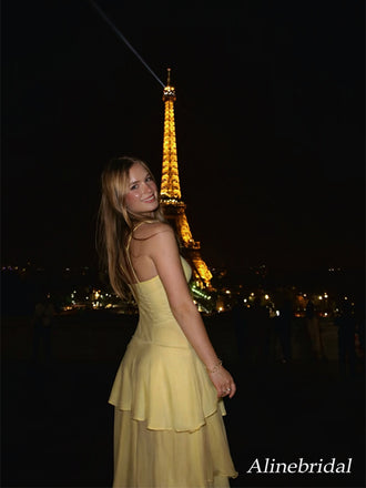 Yellow Chiffon Spaghetti Straps Ruffles Tiered Prom Dress, Party Dress, PD382283