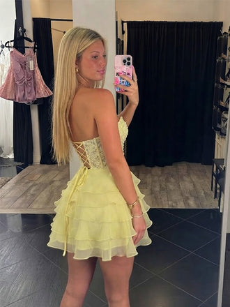 Elegant Yellow Chiffon Strapless A-line Ruffles Short Homecoming Dress, HD32795