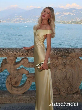Elegant Yellow Off the Shoulder Backless Mermaid Long Prom Dress, Evening Gown, PD381873