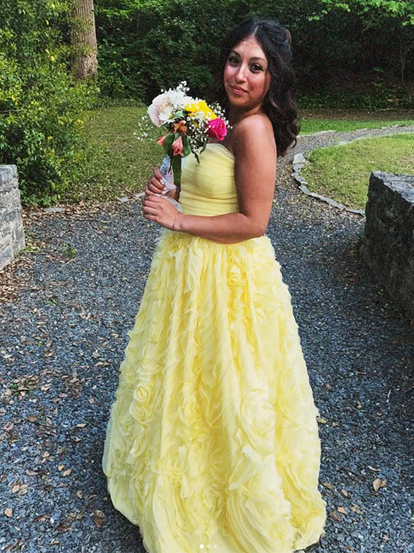 Gorgeous Yellow Strapless Pleated A-line Tulle Prom Dress, Evening Gown, PD382289