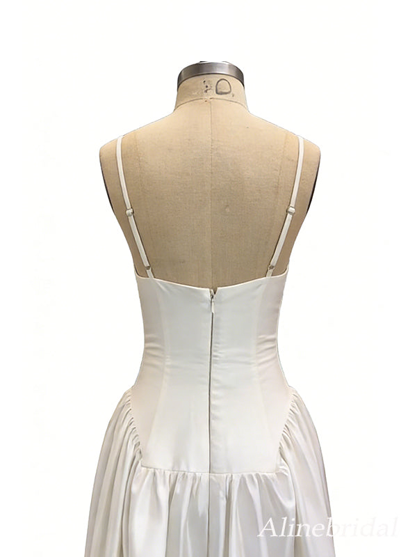 Elegant Ivory Satin V-neck A-line Wedding Dress, WD3119