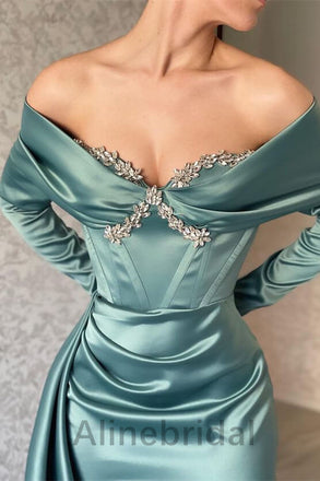 Stunning Green Beading Off the Shoulder Long Sleeves Mermaid Long Prom Dress with Drape, PD3568