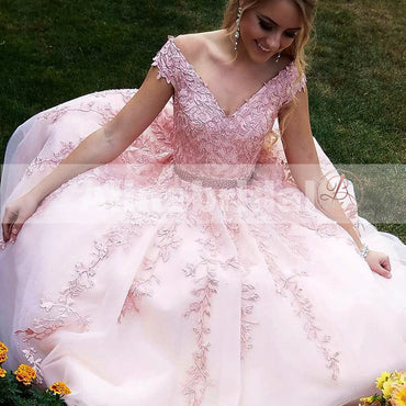 For Teens Pink Lace Appliques Off Shoulder With Beaded A-line Prom Dresses,PD00082