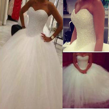 Cute Sweetheart A-line Strapless Beaded Tulle Ball Gown Wedding Party Dresses, WD0185