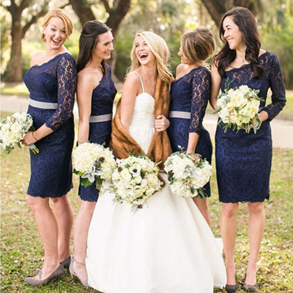 Elegant One Shoulder Long Sleeve Lace Navy Blue Knee Length Short Cheap Bridesmaid Dresses, WG128