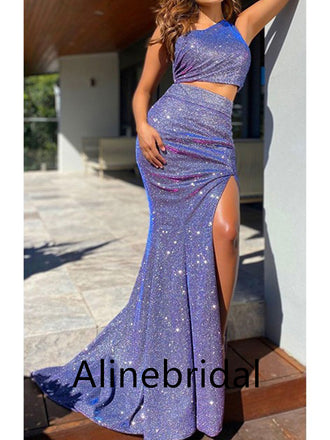Sexy PurpleOne shoulder Side Slit Two Piece Mermaid Long Prom Dress, PD3540