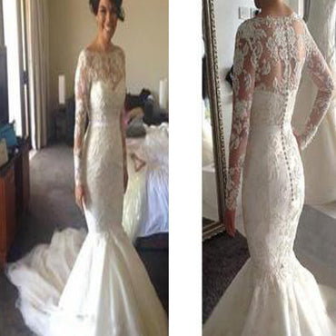 Long Sleeveless Mermaid Lace Up Sheer Button Back Wedding Party Dresses, WD0152