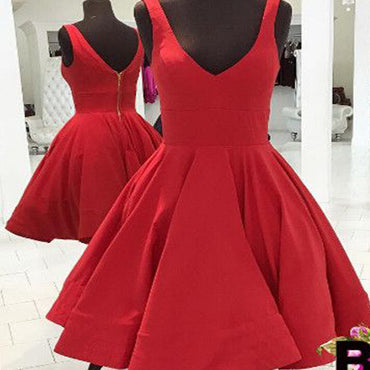 Red simple v-neck freshman A-line cheap homecoming  dresses,BD00141