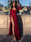 Elegant V-neck Long sleeves Side slit A-line  Long Prom Dress, PD3525