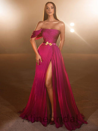 Elegant Hot Pink One shoulder Sleeveless Side slit A-line Long Prom Dress, PD3585