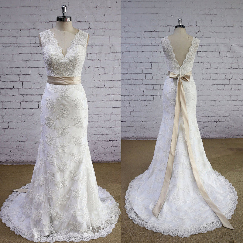 Lace Applique Sleeveless Mermaid  V-neck Open-back Bow-Belt Ivory  Wedding Dress, AB1081