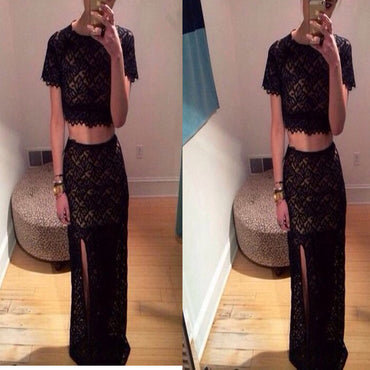 Long Black Two Pieces Lace Cocktail For Teens Prom Dress ,PD0171