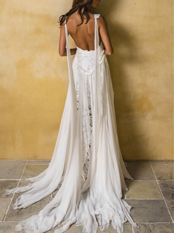 Spaghetti Strap Lace Chiffon Slits Boho Beach Wedding Dresses, AB1544