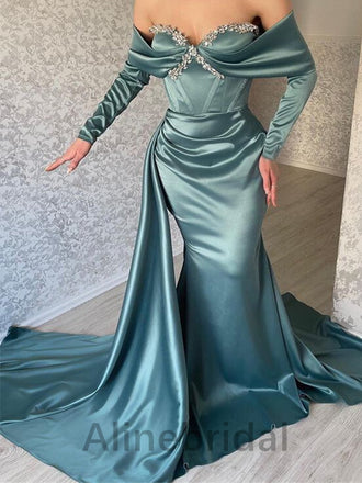Stunning Green Beading Off the Shoulder Long Sleeves Mermaid Long Prom Dress with Drape, PD3568