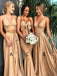 A-line Elegant Sexy V Neck Gold Long Modest Bridesmaid Dresses with Side Slit, WG296
