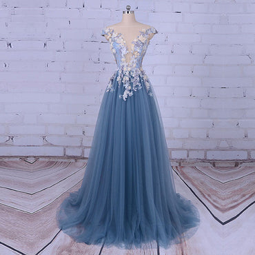 Popular Handmade Flowers V-neck A-line Prom Gown Dresses,PD00046