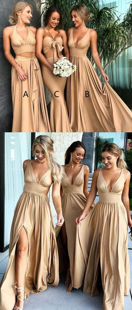 A-line Elegant Sexy V Neck Gold Long Modest Bridesmaid Dresses with Side Slit, WG296