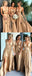 A-line Elegant Sexy V Neck Gold Long Modest Bridesmaid Dresses with Side Slit, WG296