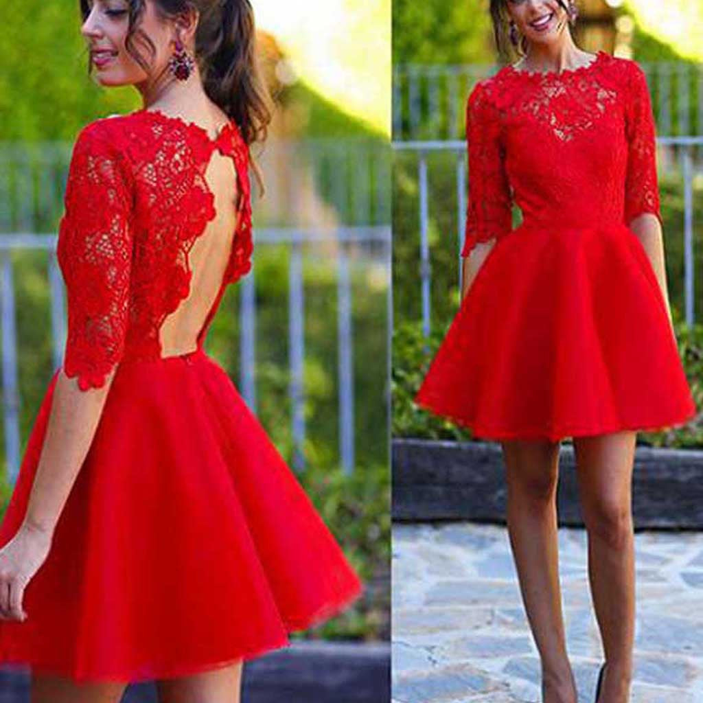 Red half sleeve see through lace open back charming homecoming prom gown dress,BD0023